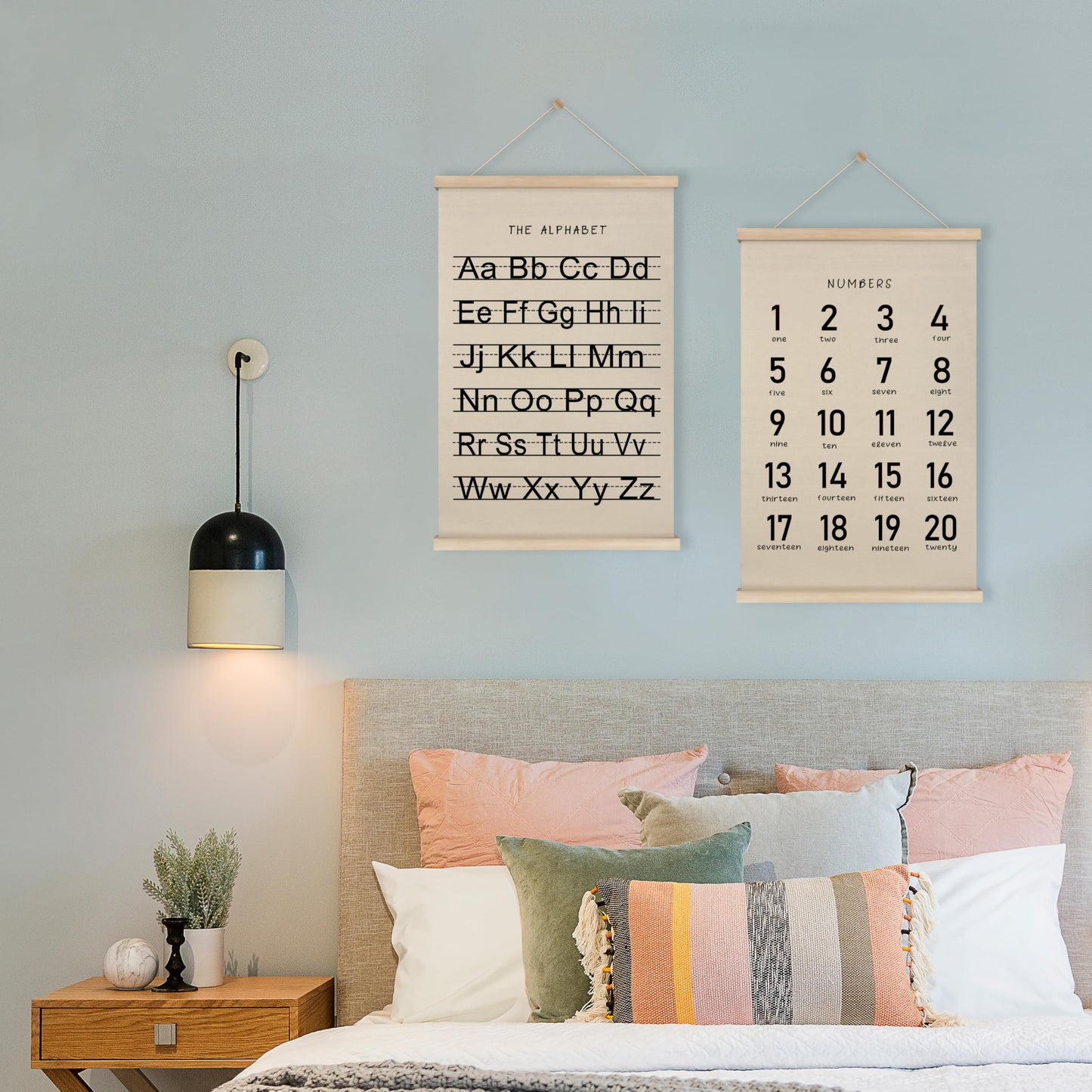HRQKO Alphabet Numbers Poster Hanger Frame Set of 2, Nursery Wall Decor, Black ABC Poster Wall Art with Wooden Frames, Alphabet Banner Wall Hanging Decor for Boy Toddler Room Playroom, 16x24 inch