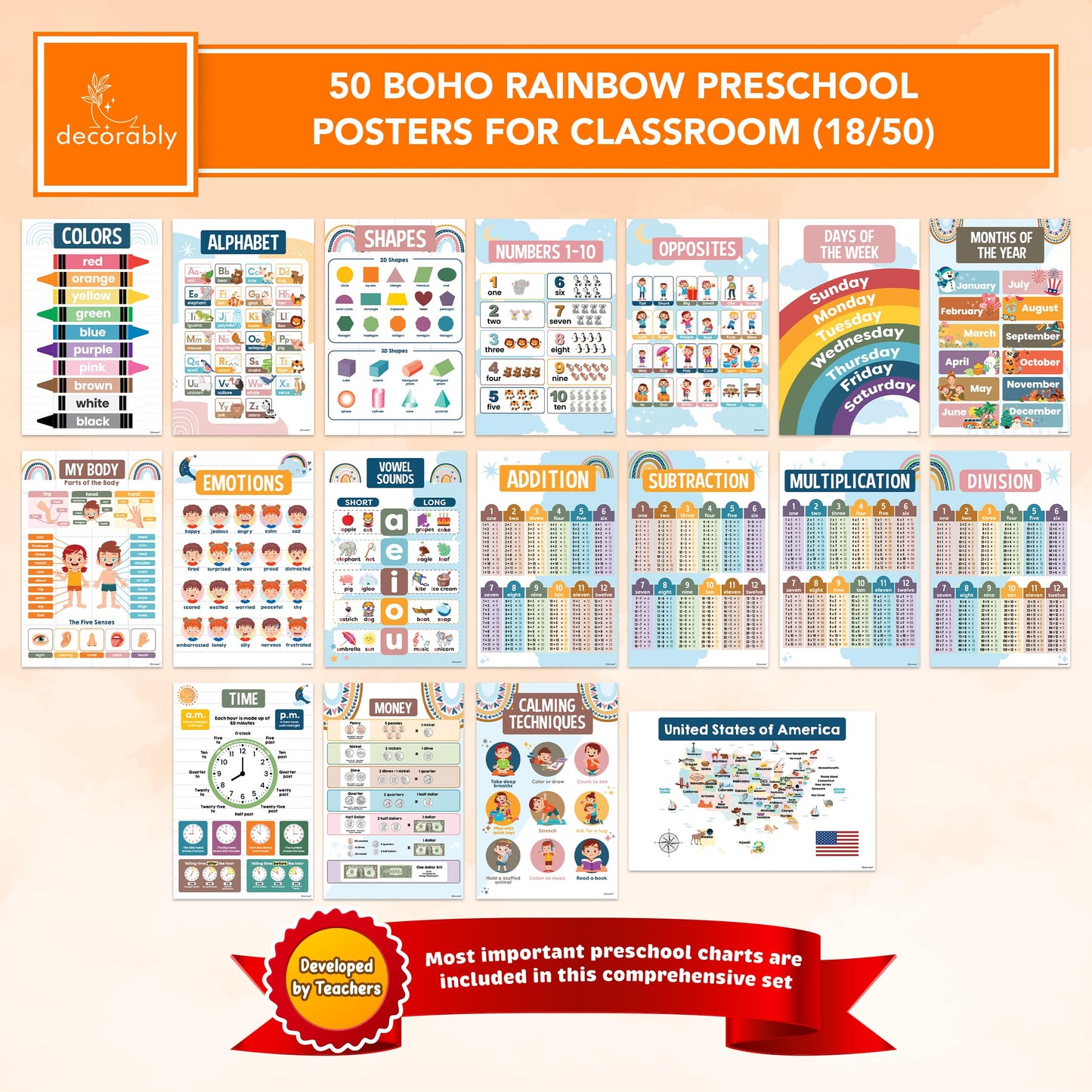 Decorably 50 Boho Rainbow Preschool Posters for Toddlers, Kindergarten, 11x17in Educational, Matte-Laminated Classroom Decor for School Hallways, Bulletin Boards, Home Study Room