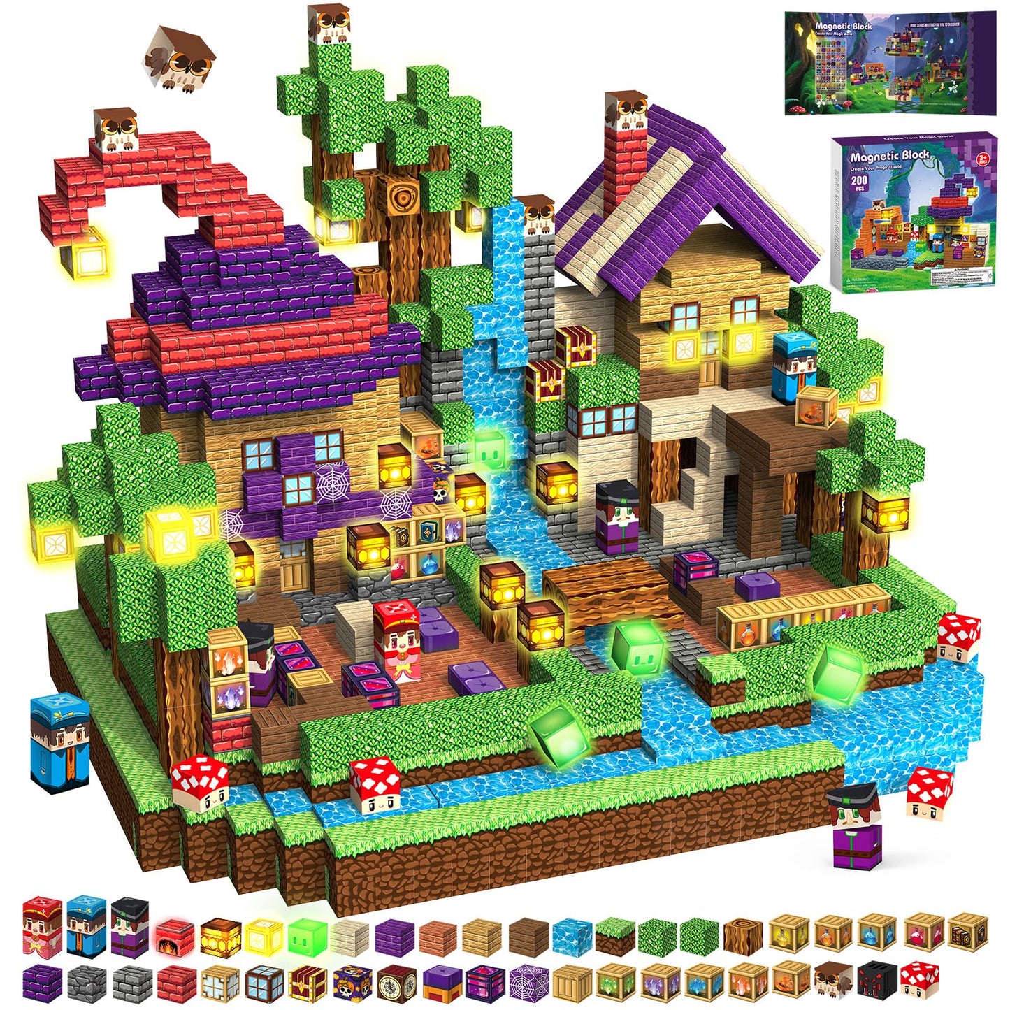Gryxpox 200PCS Magnetic Blocks - Magnetic School Castle Set with Light Up Blocks - Kids Classroom Sensory Toy for Toddlers STEM, Construction Stacking Toy Kids 3+ Boys Girls Christmas Birthday Gifts