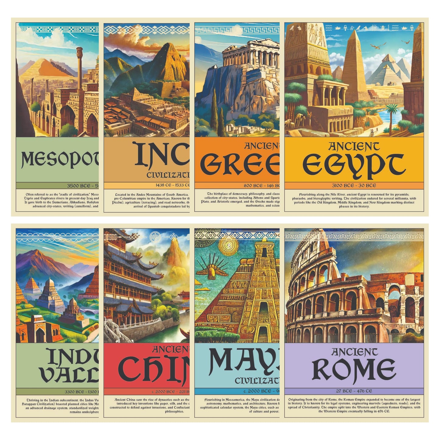 Wallbuddy Ancient Civilization Educational Posters Set of 8 | Social Studies Classroom Learning Materials | Ancient History Posters Unframed Wall Art Prints | Around The World Decorations (12x16)
