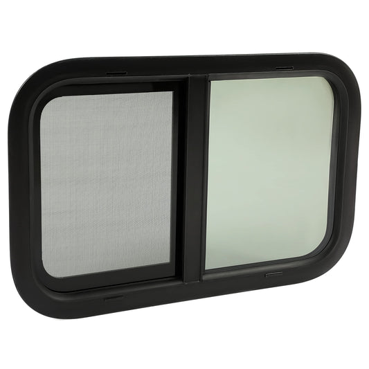 HECASA RV Window with Screen, 24inx15in, Tempered Glass, Black, Model MO-1725, Compatible with RV Camper Cargo Trailer Teardrop
