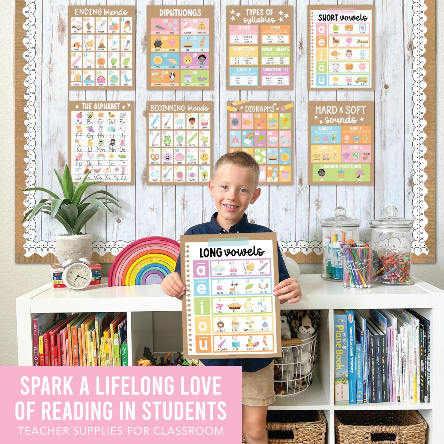 Hadley Designs Phonics Posters for Classroom Must Haves - 9 Sound Wall for Kindergarten & Elementary Teacher Supplies, Syllable, Vowels, Digraphs & Blends Bulletin Board Set, Kraft Classrom Decor