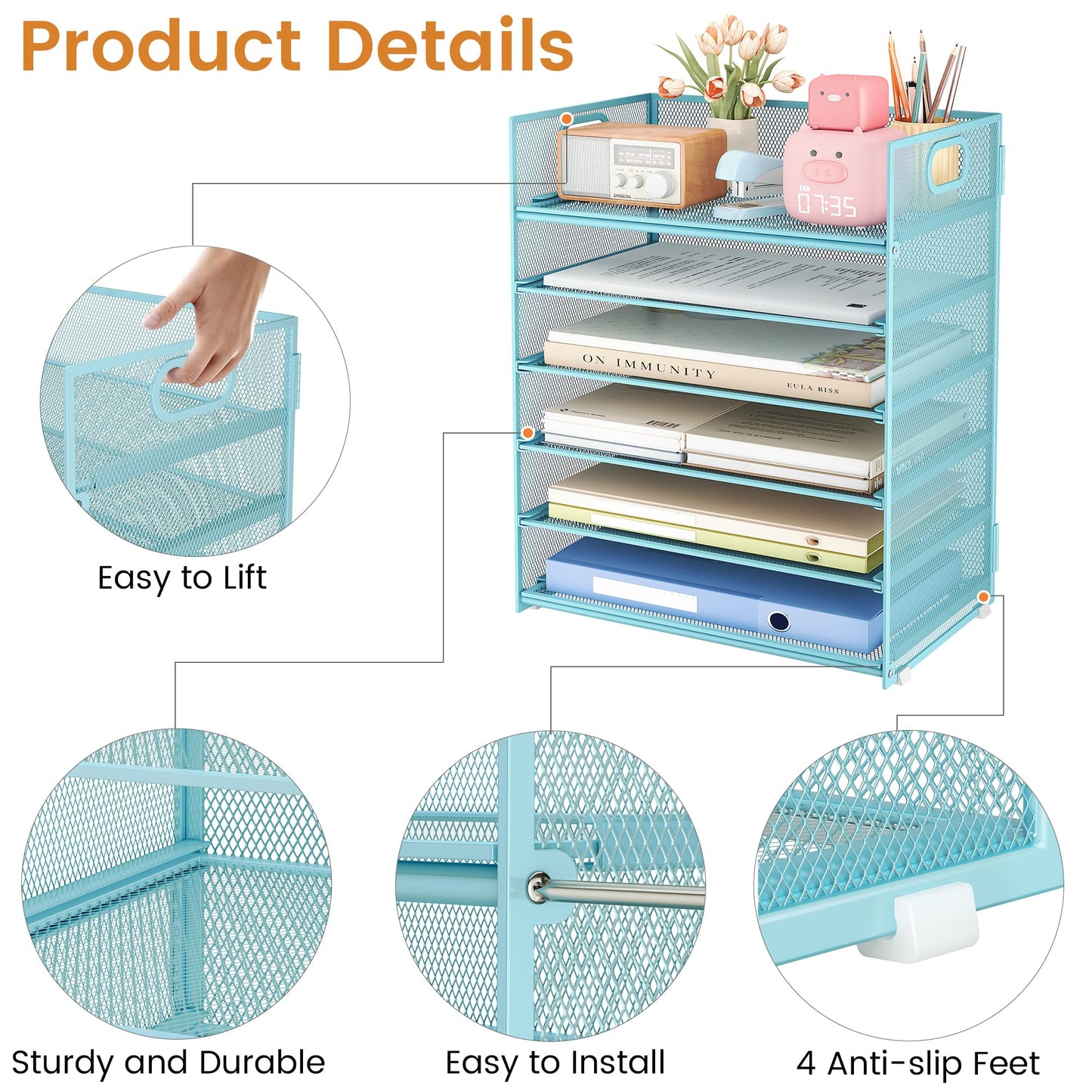 Subekyu 6-Tier Desk Paper Organizer, Desktop File Letter Tray with Handle, Document Sorter and Accessories Holder for Office, Home and School Workspace Organizers, Blue-2 Pack