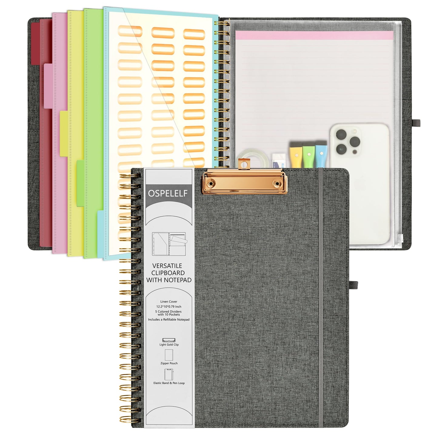 Ospelelf Foldable Spiral Clipboard Folio with Storage Zipper Pouch, 5 Plastic Folders with 10 Pockets,Refillable Lined Notepad (11" x 8.5"), Hardcover Project Organizer with 39 Stickers (Dark Grey)
