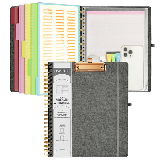 Ospelelf Foldable Spiral Clipboard Folio with Storage Zipper Pouch, 5 Plastic Folders with 10 Pockets,Refillable Lined Notepad (11" x 8.5"), Hardcover Project Organizer with 39 Stickers (Dark Grey)