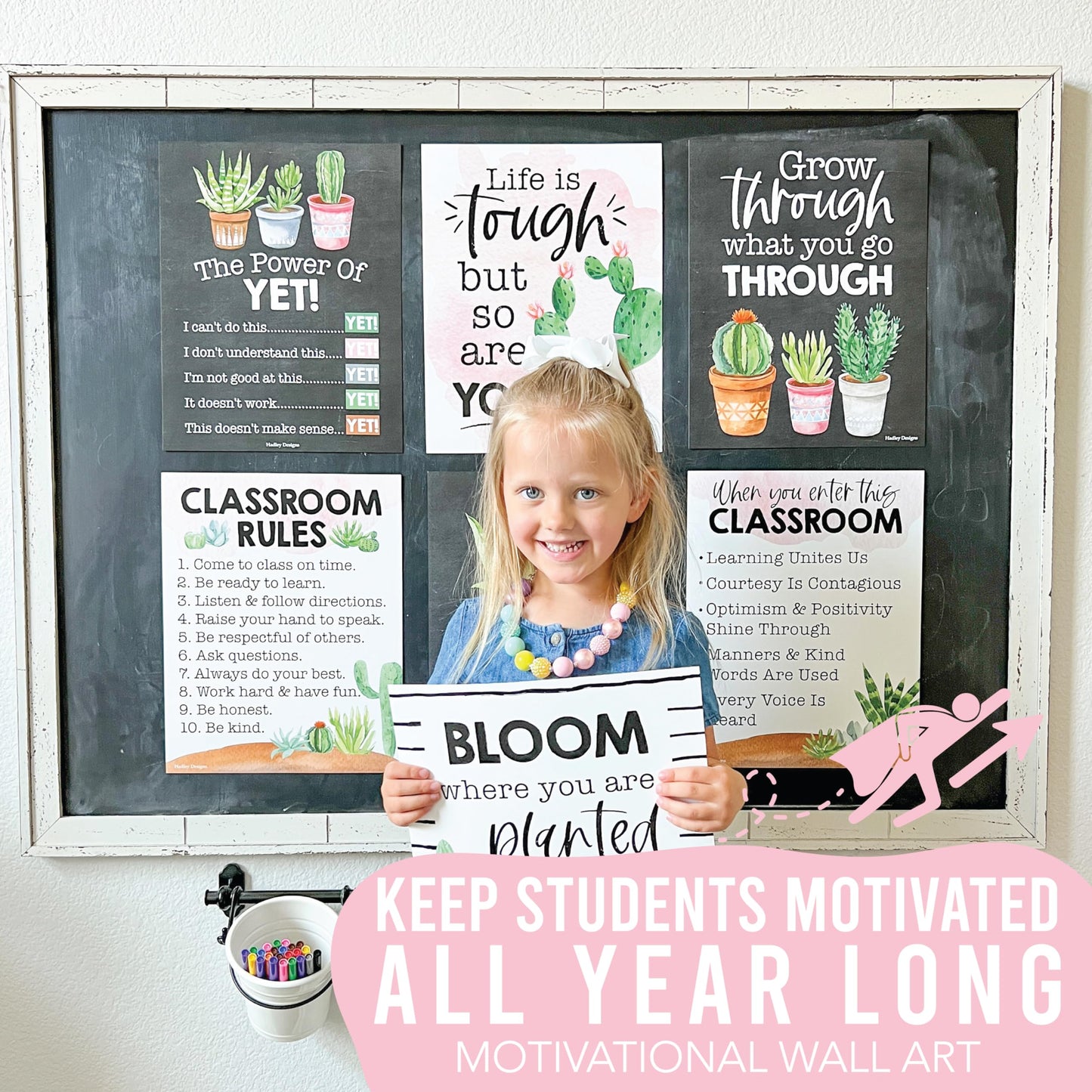 Hadley Designs Motivational Poster for Classroom Decor - 9 Growth Mindset Classroom Posters Elementary, Inspirational Wall Decor Middle School, Teacher Must Haves, Cactus Bulletin Board Decorations