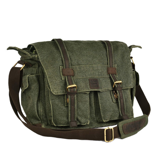 LEATHER VILLAGE Vintage Canvas Messenger Bag – 16 Inch Handmade Laptop Shoulder Bag for Men & Women – Crossbody Work Bag for Office, Travel & Daily Use - Green