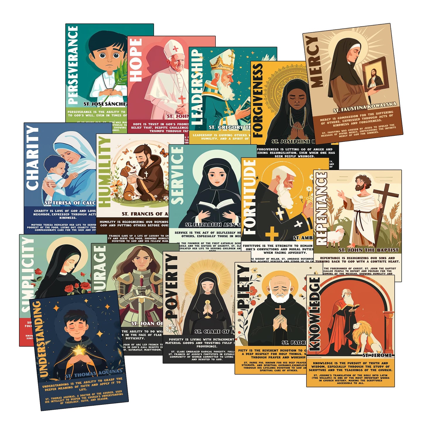 Catholic Saints Posters for Kids - Set of 16 (11x14) Unframed Christian Classroom Decor - Bible Virtues Quotes from Saints - Sunday School & Faith Bulletin Board Decorations