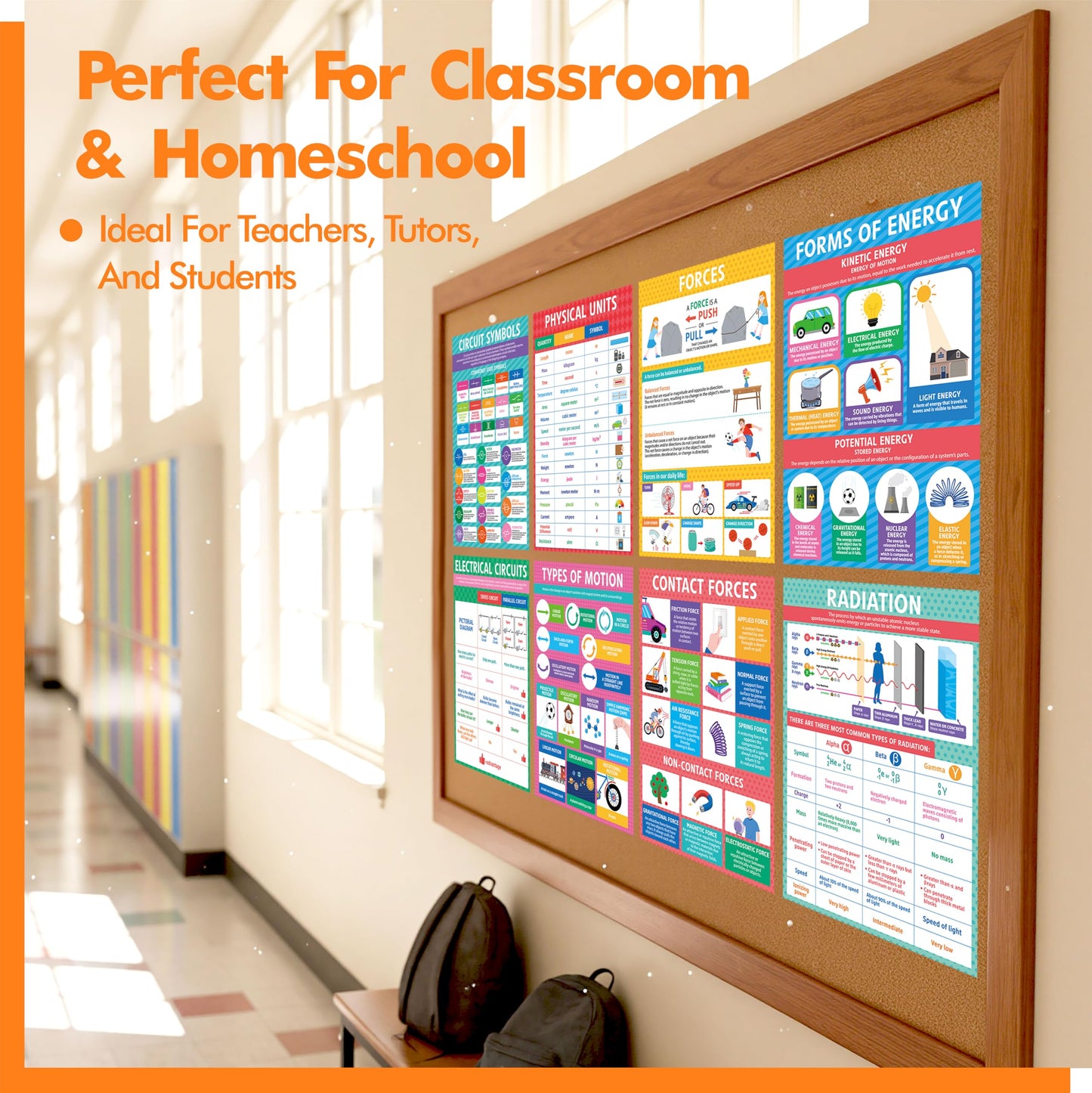 17 Laminated Physics Posters, Forces, Electrical Circuits, Forms of Energy, Acceleration, Educational Science Charts For Middle & High School, Learning Tool For Classroom, Bulletin Board, Room, 11”x16”