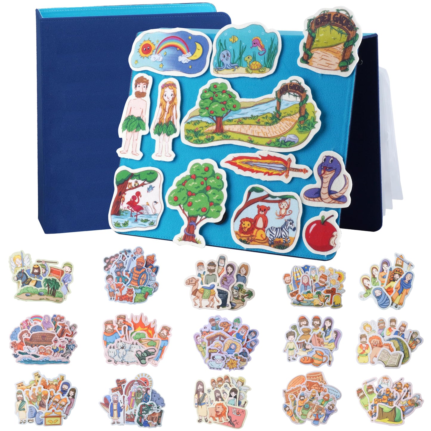 CHEFAN 16 Pack Felt Board Bible Stories Set, Flannel Board Stories with a Multi-functional Felt Pieces Storage Binder for Preschool Activities, Included Noah's Ark, Adam and Eve, The Nativity of Jesus