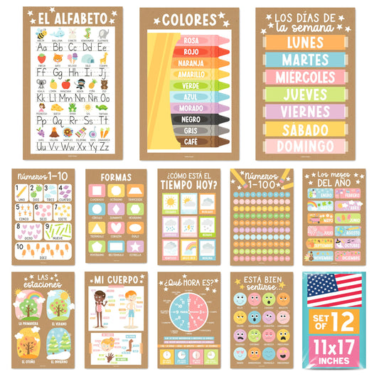 Hadley Designs Spanish Posters for Classroom - 12 Bilingual Educational Posters for Spanish Classroom Decorations Must Haves, Calendario y Alfabeto en Español Para la Pared, Kraft Teacher Supplies