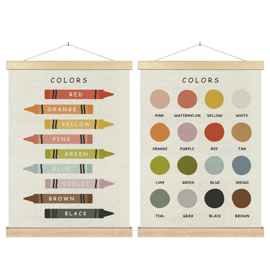 BCUANGD Classroom Wall Decor - Toddlers Kids Colors Poster Hanger with Wood Frames Set of 2, Neutral Educational Learning Wall Hanging Canvas Decor for Kids Room Nursery Home, 12x16 Inches