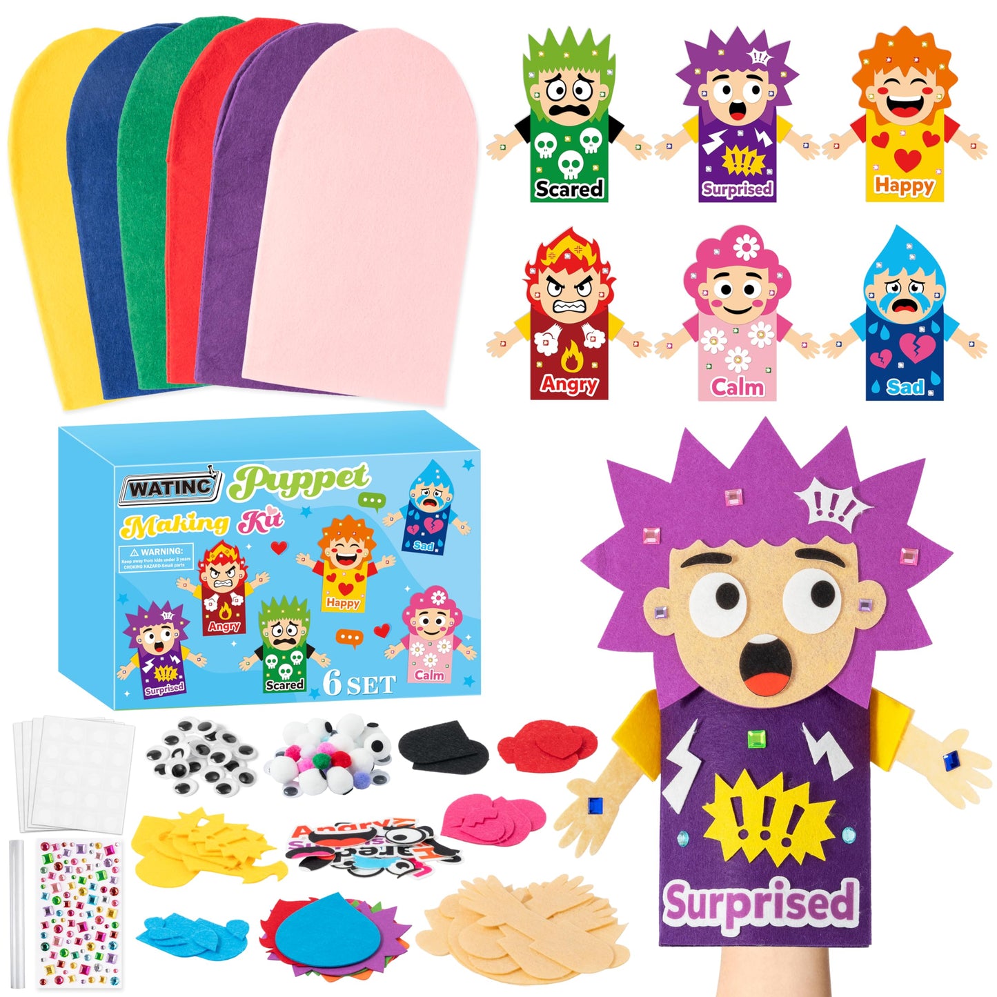 WATINC 6Pcs Hand Puppet Making Kit, Art Craft Felt Sock Puppet Toys, Creative DIY Make Your Own Pompoms Wiggle Googly Eyes Storytelling Role Play Party Supplies Calming Corner Items Kids (Emotion)