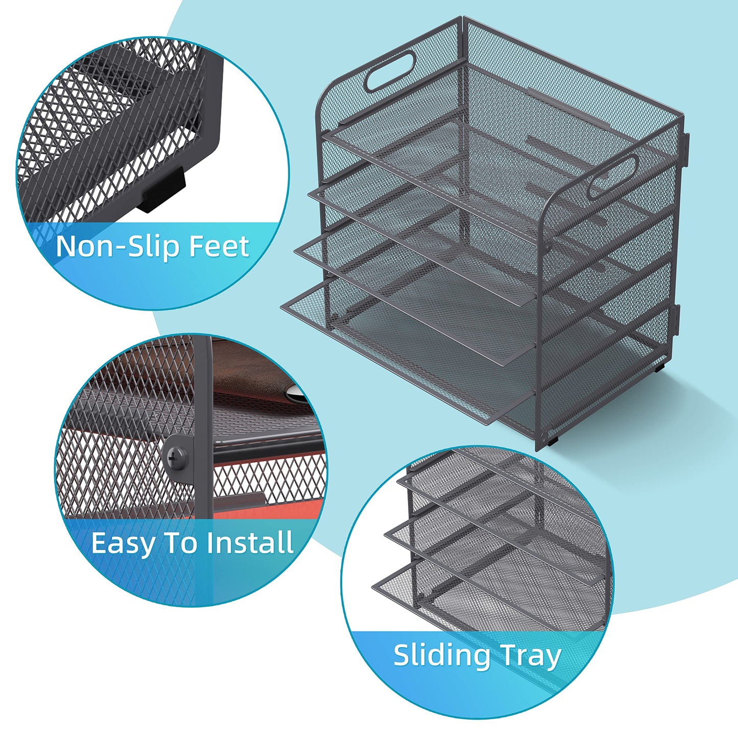 Supeasy 5 Trays Paper Organizer Letter Tray with Handle-Mesh Desk File Organizer, Grey Paper Sorter Desk Organizer for Office, Home or School