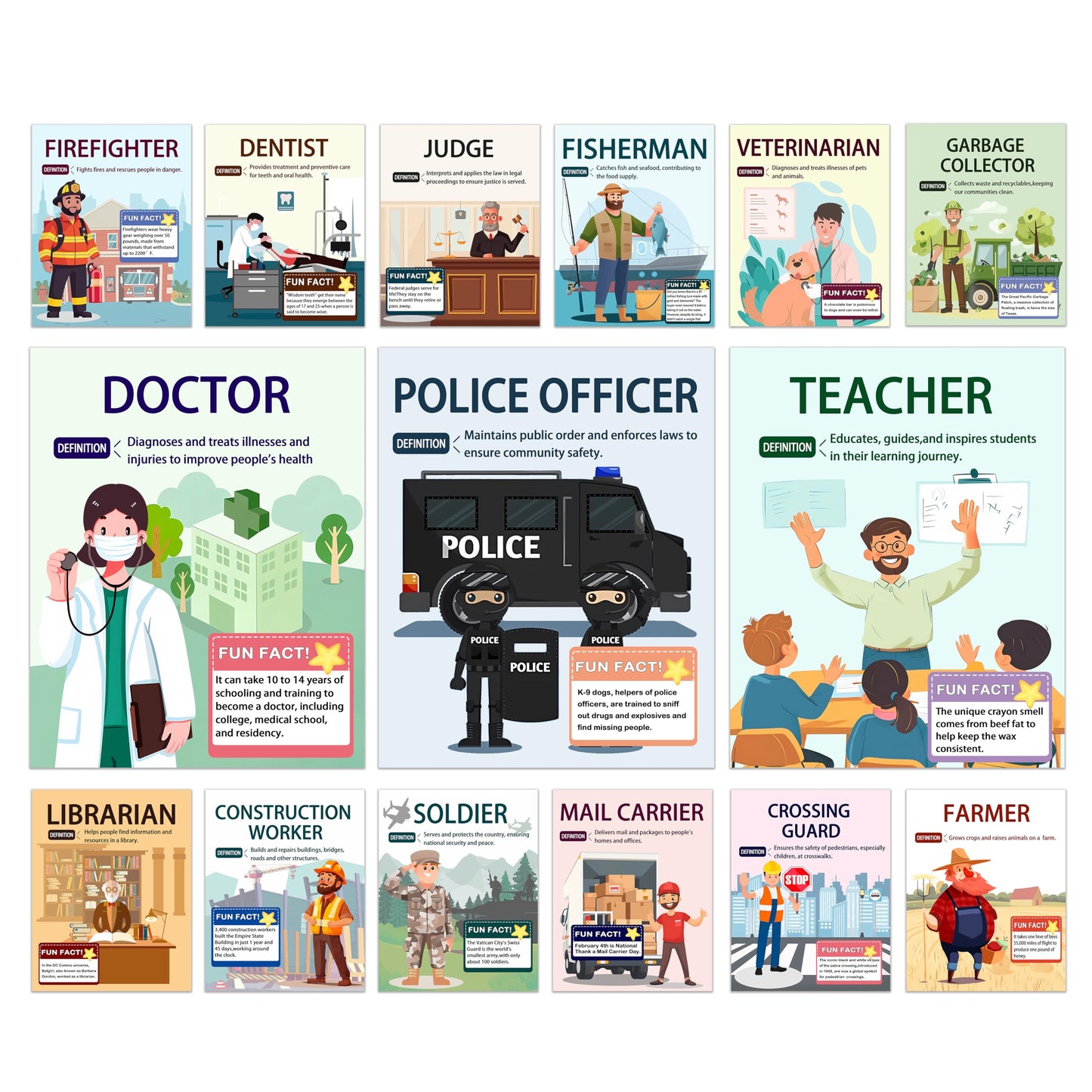 15 Pcs exquisite community assistant posters for classroom and vocational education, helping students easily understand various professions, making them an excellent choice for teacher gifts.8X10inch, Unframed