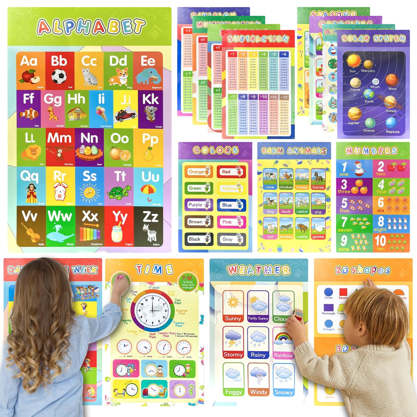 16 Packs 16.7 " x 11 " Laminated Learning Posters for Toddlers 1-3, Toddler Educational Poster for Classroom with Glue Dots, Homeschool Toddler Educational Poster, Learning Posters for Toddlers 1-3