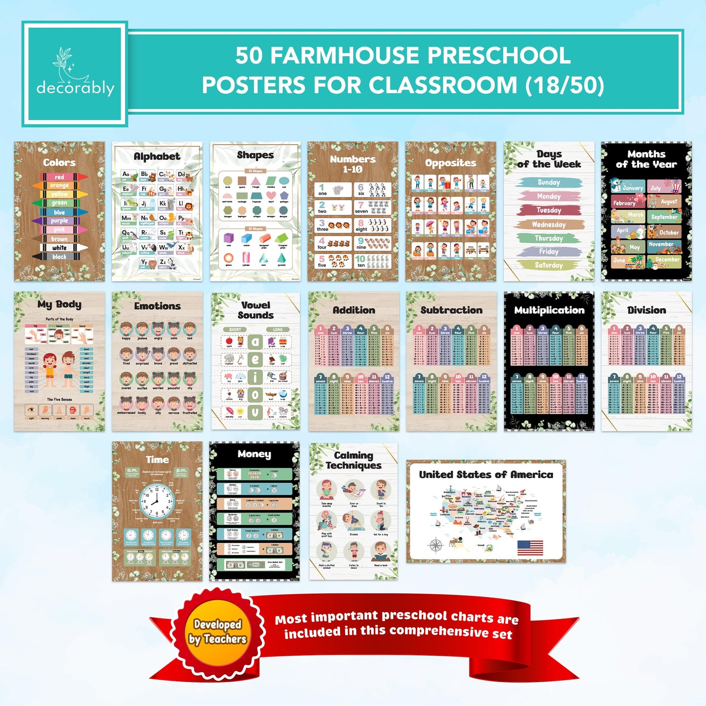 Decorably 50 Farmhouse Theme Kindergarten Posters for Homeschool, 11x17in Matte-Laminated Preschool Educational Toddler Learning Decor - Classrooms, Hallways, Bulletin Boards