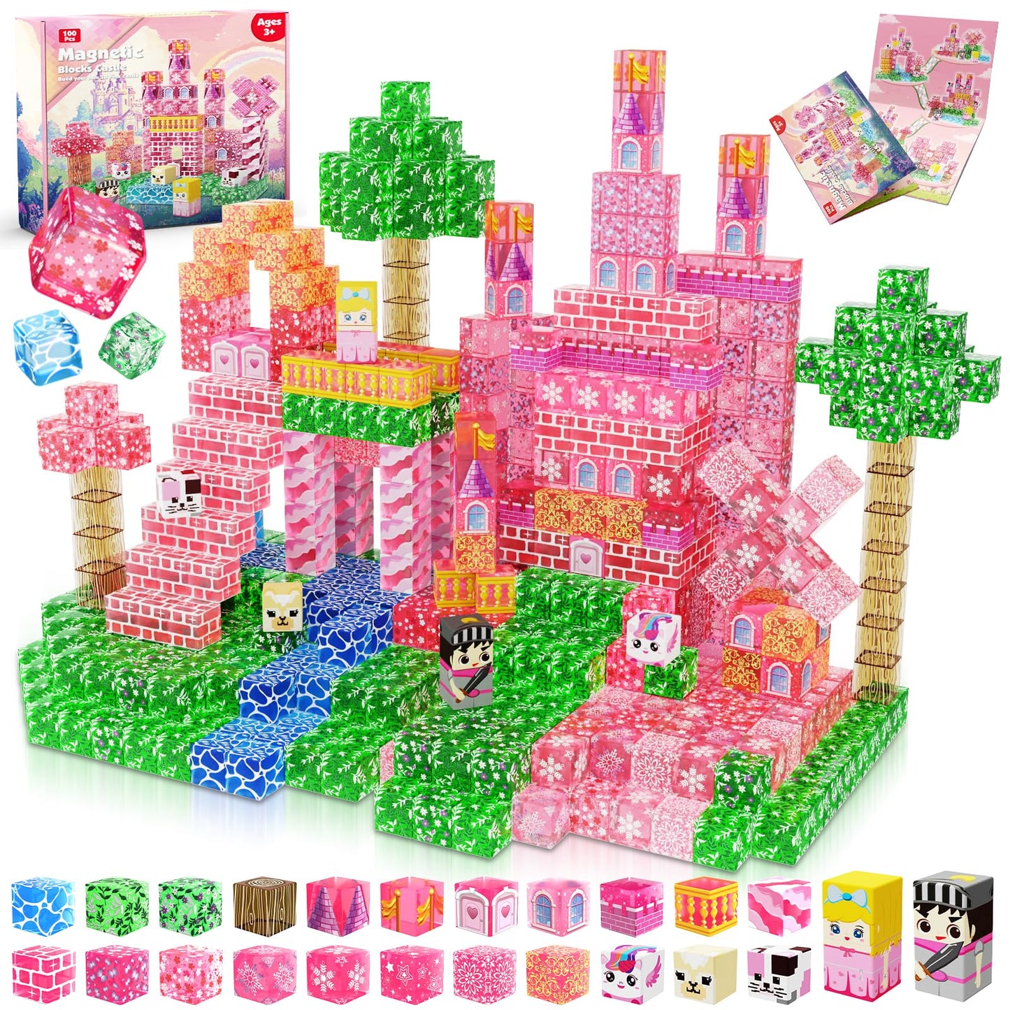 Magnetic Blocks - 100PCS Magnetic Building Block Cubes, Magnet Blocks Transparent Castle Princess Toy Building Sets for Kids, STEM Stacking Magnets Toys, Easter Birthday Gift for Boys Girls Age 4-8