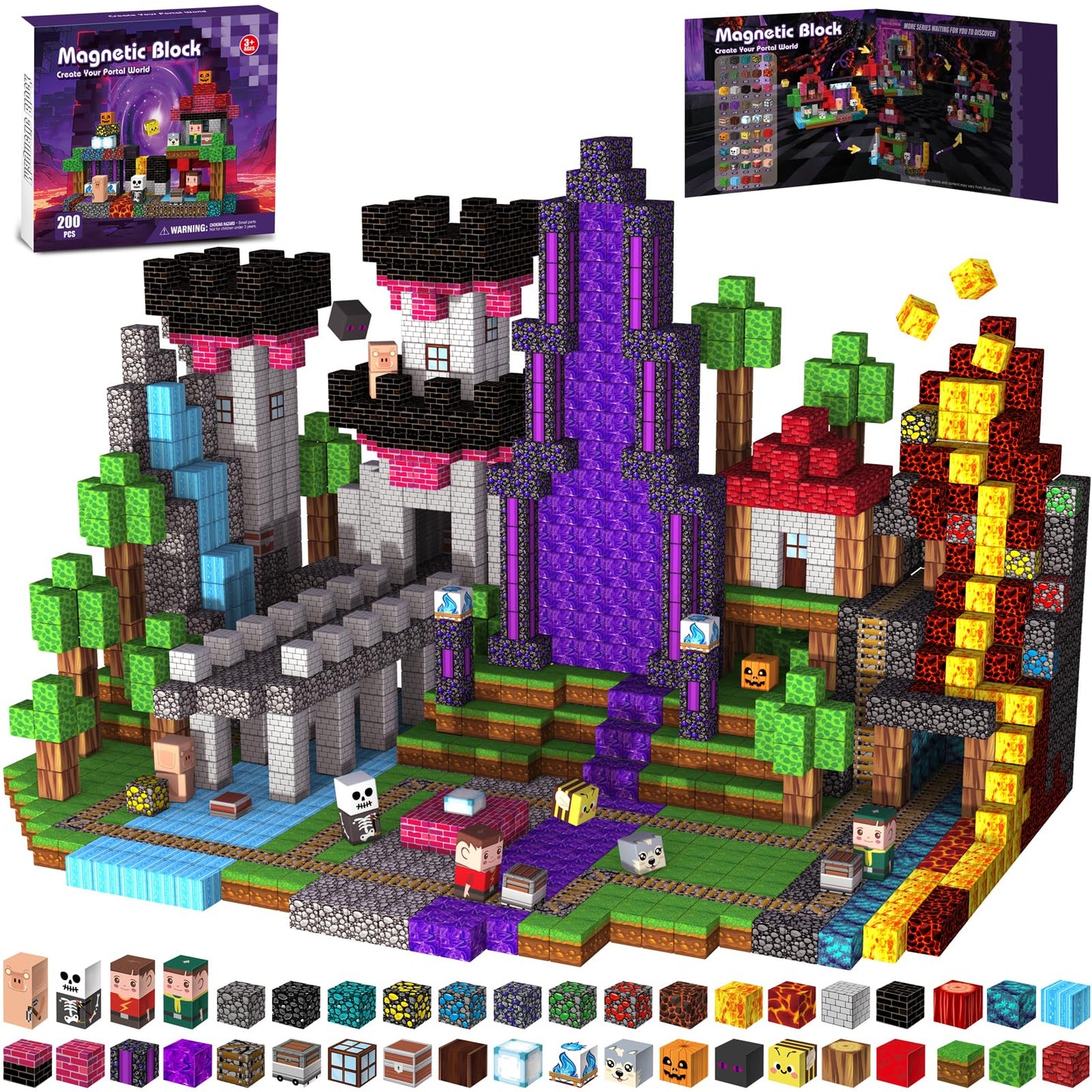 Gryxpox 200 PCS 0.8in Magnetic Blocks,Magnetic Building Cubes, Build Portal World Set,Stacking Magnets, STEM Sensory Toys for Ages 3+ Toddlers Kids Girl Boys Easter Birthday Creative Game Gifts