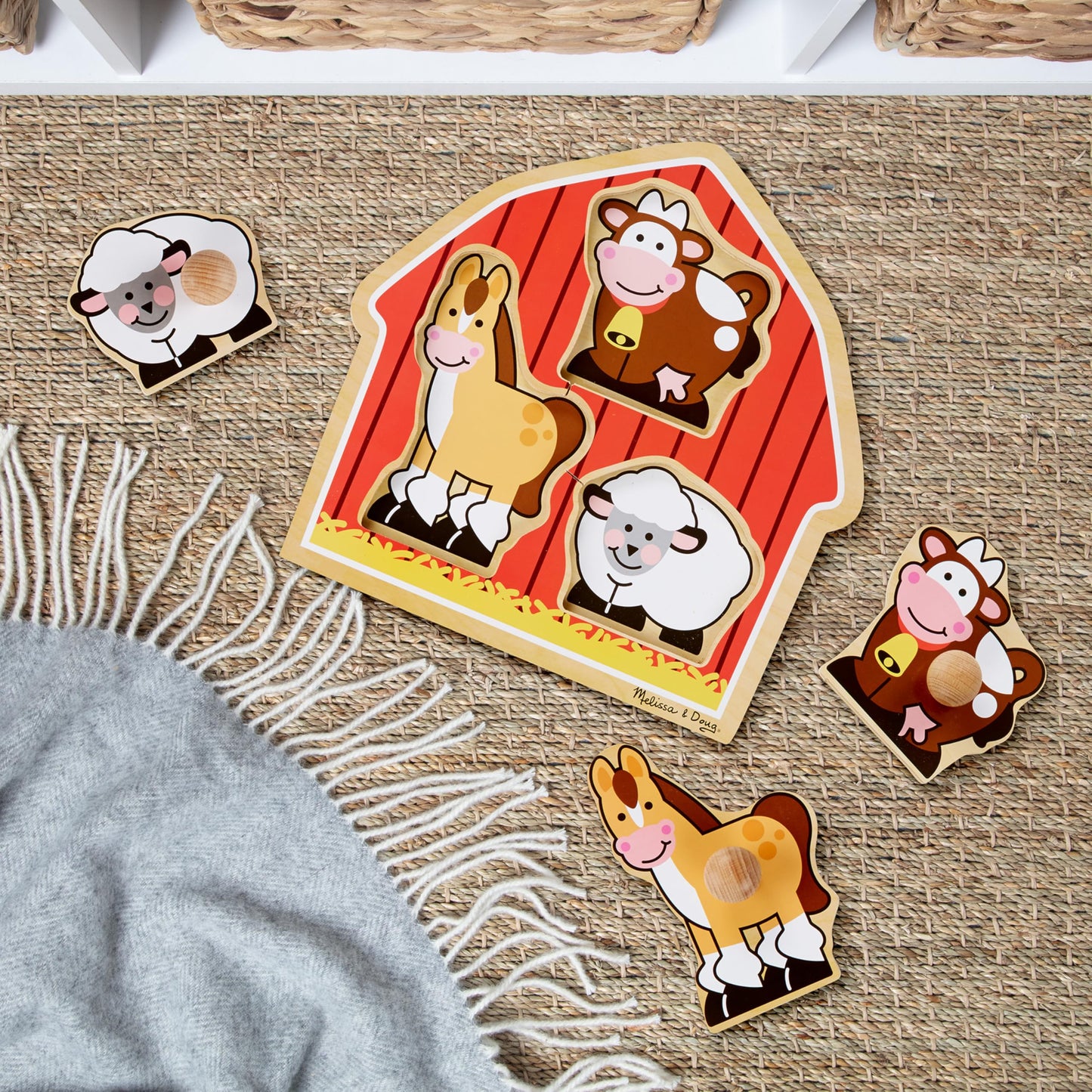 Melissa & Doug Barnyard Animals Jumbo Knob Puzzle, Wooden Peg Puzzle for Toddlers, Educational Toy for Shape Recognition and Fine Motor Skills, Ages 1+