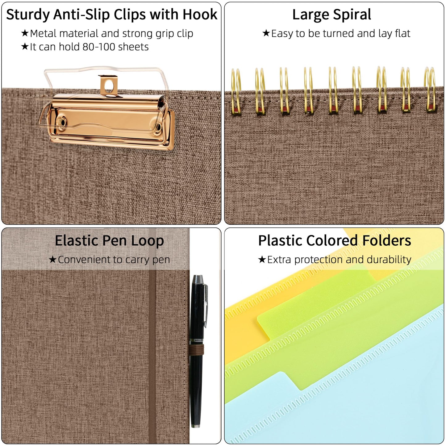 Ospelelf Brown Foldable Spiral Clipboard Folio with Storage Zipper Pouch, 5 Plastic Folders with 10 Pockets, Refillable Lined Notepad (11" x 8.5"), Linen Hardcover Project Organizer