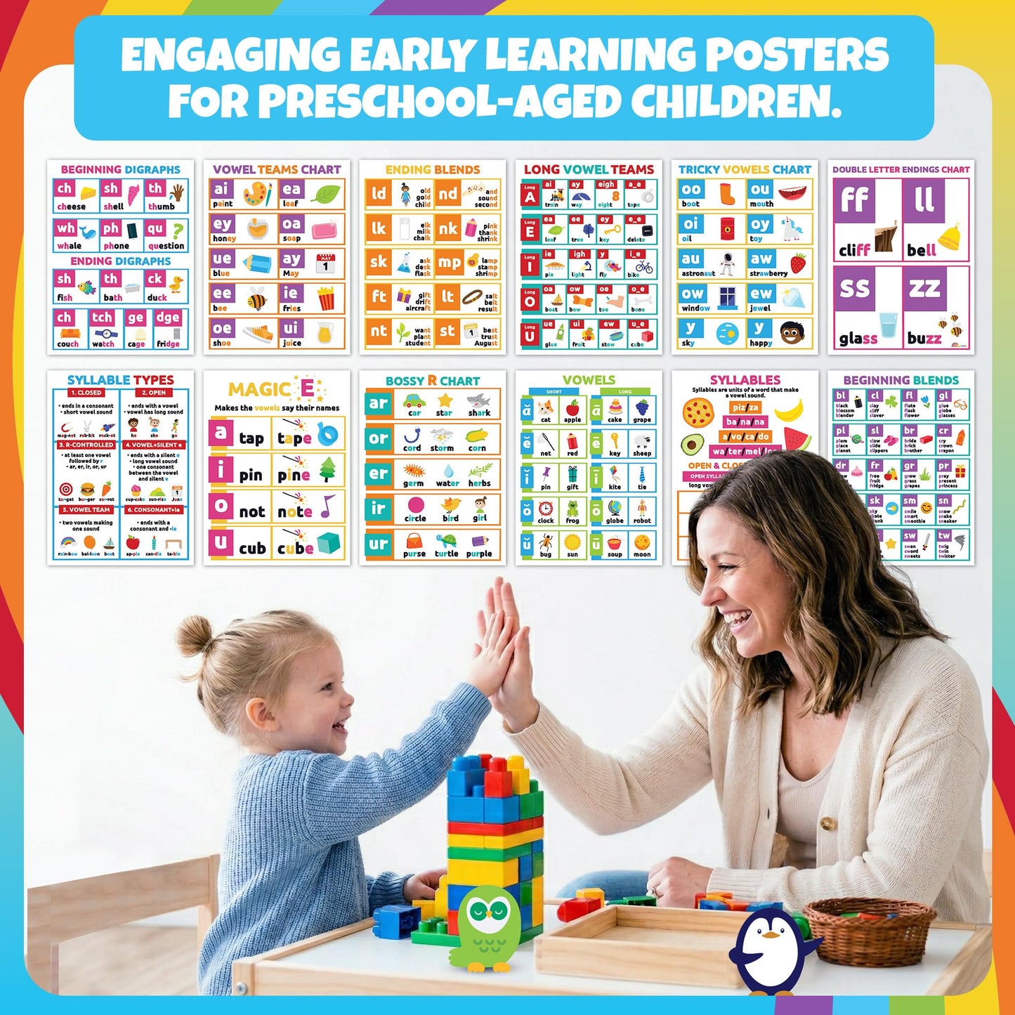 Sproutbrite 12 Pack (12"x16") Educational Poster Bundle for Toddlers Phonics Vowels Poster Language Arts Charts for Preschool, Homeschool Motivation - Inspired Learning Charts that Helps Toddlers Understand Vowel Sounds and Syllable Patterns Easily