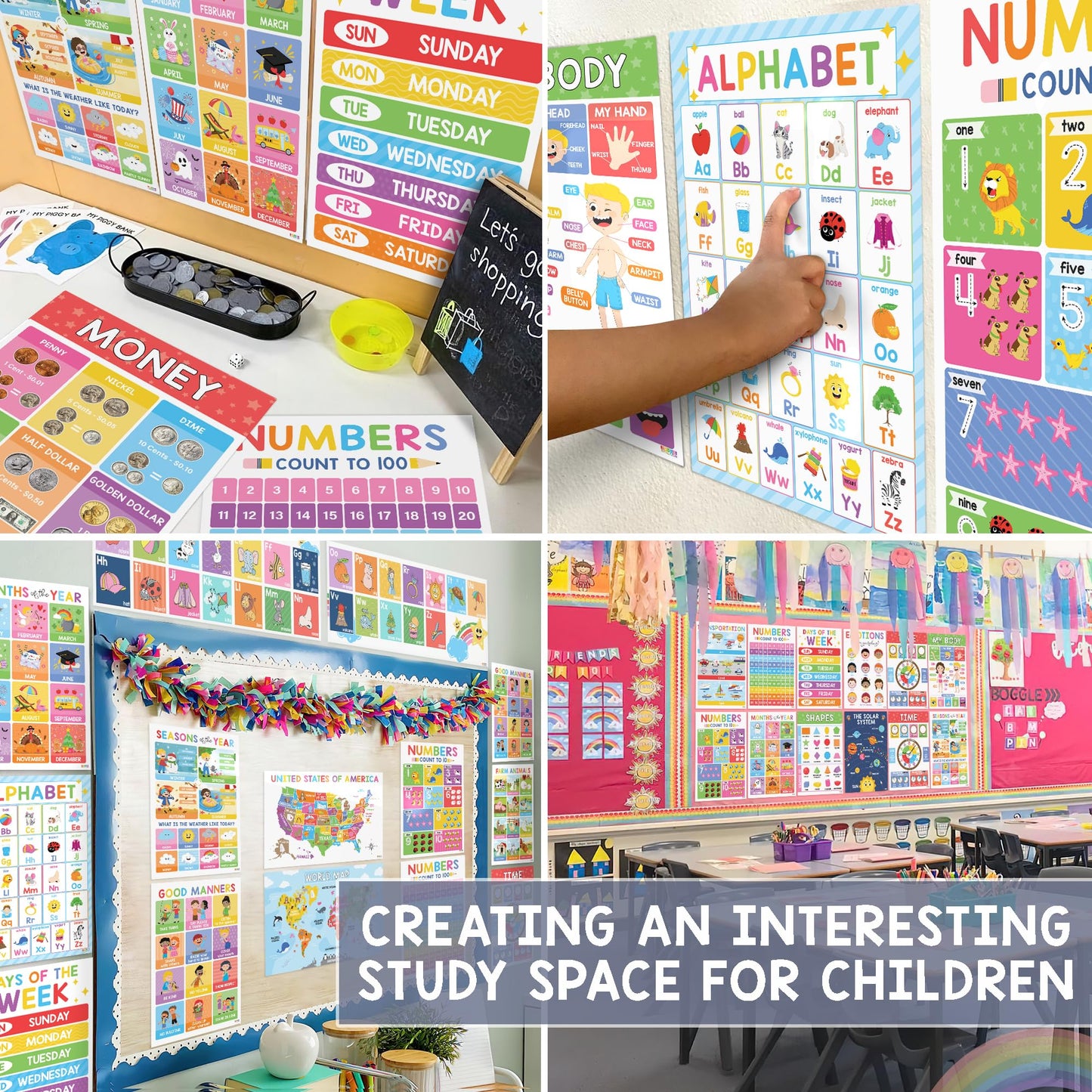 BEAWART 18 Laminated Educational Posters For Toddlers, Preschool Posters for Classroom, Kindergarten Wall Decor, PreK Learning Materials Alphabet Number Chart