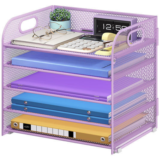 Cawukege 5 Tier Paper Organizer with Handle, Metal Mesh Desk Organizer File Folder Paper Letter Tray Desktop Document Sorter for Classroom, School, Office Accessories Organization and Storage - Purple