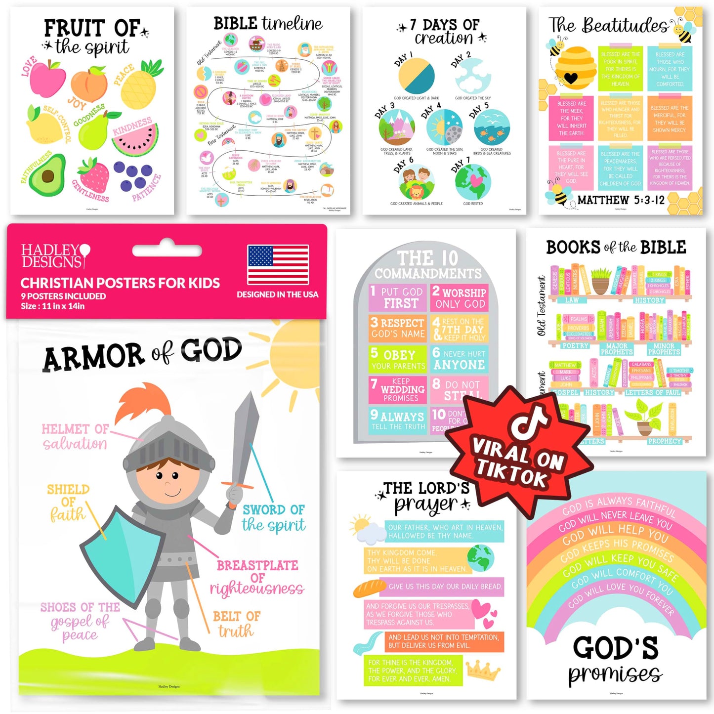 Hadley Designs Sunday School Decorations for Classroom –9 Bible Posters for Kids, Books of the Bible, 10 Commandments, Bible Timeline Chart, Fruits of the Spirit, Pastel Christian Classroom Decor