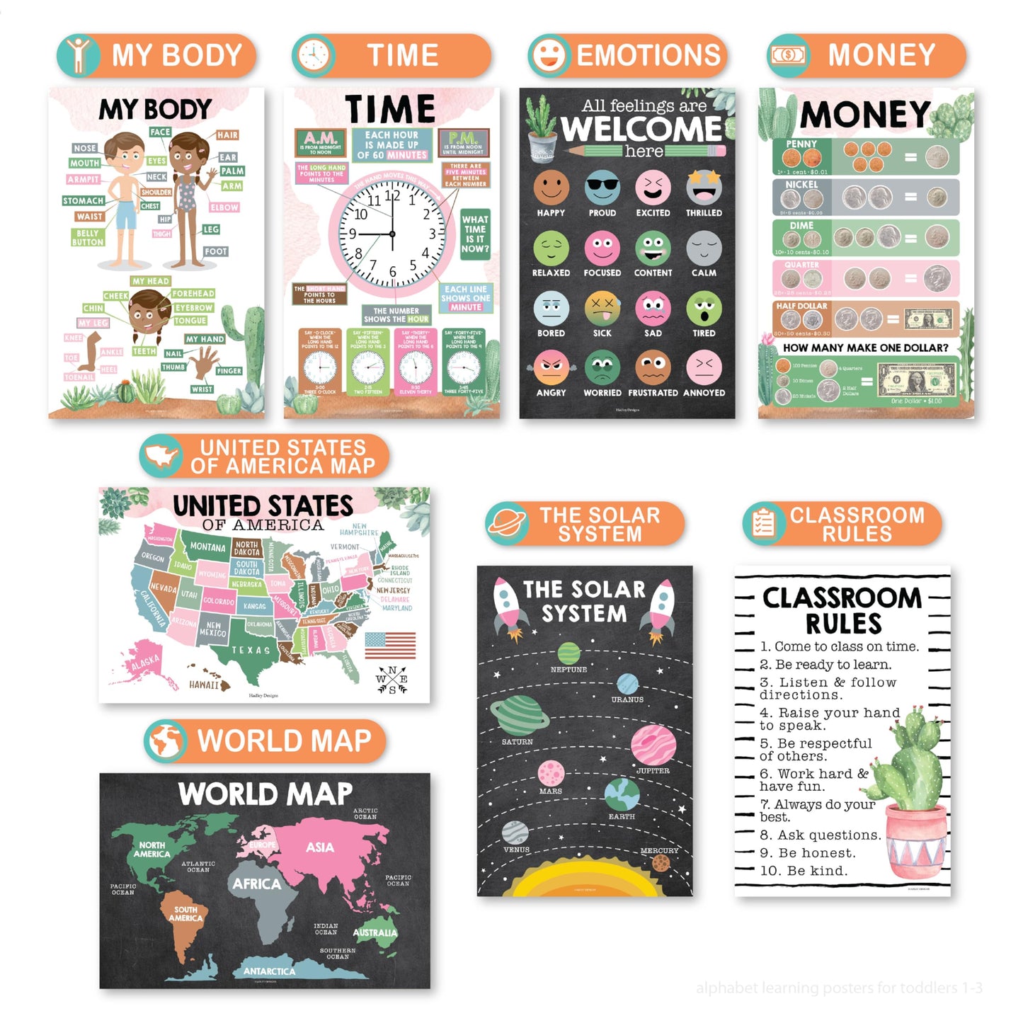 Hadley Designs 16 Educational Posters for Classroom Must Haves - Laminated Pre-K Posters for Toddler Homeschool Essentials, Toddler & Preschool Learning Activities, Kindergarten Classroom Decor