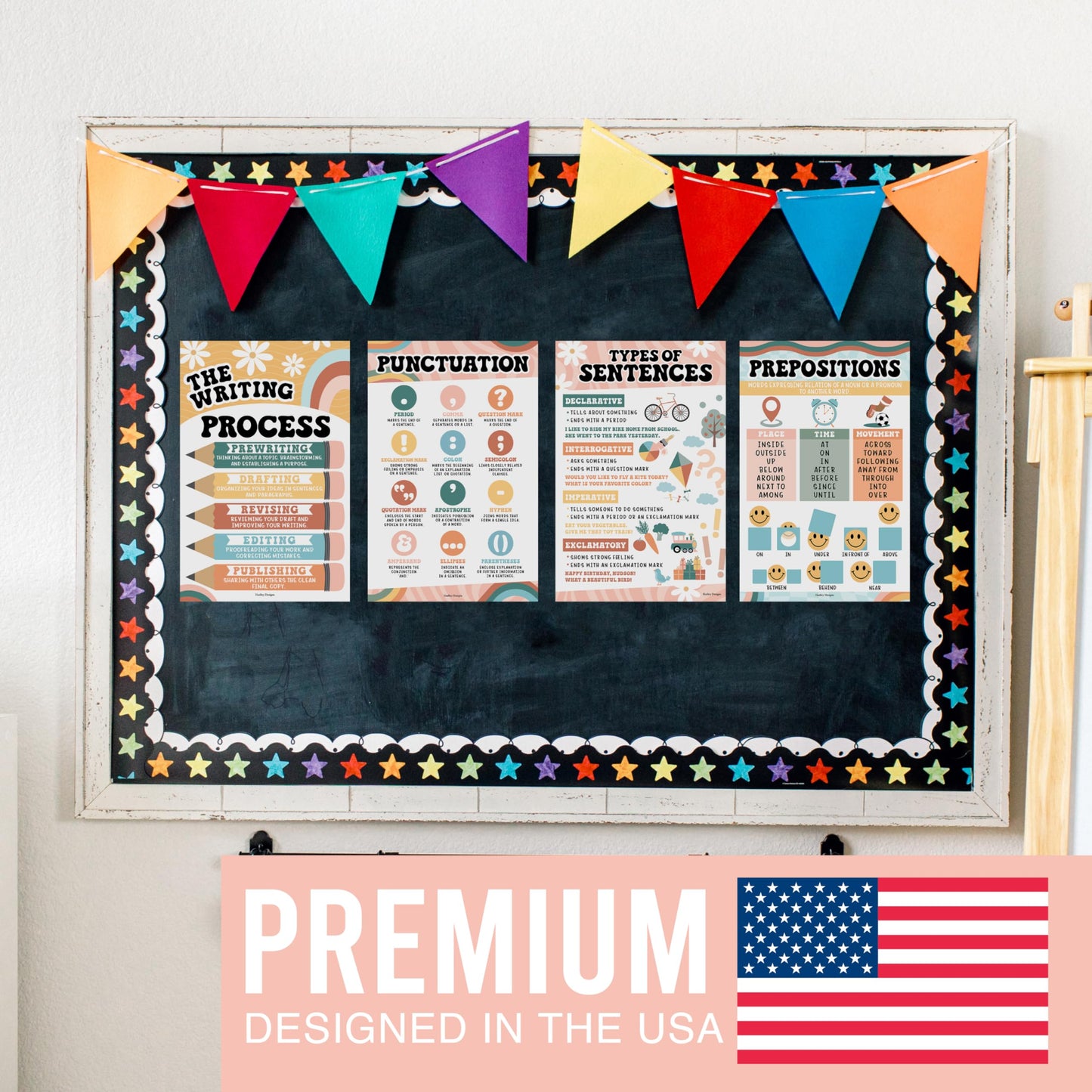 Parts of Speech Posters for Classroom Must Haves - 12 Grammar Posters, Writing Process for Homeschool, Elementary & Middle School, ELA 3rd 4th & 5th Grade Teacher Must Haves, Retro Classroom Decor