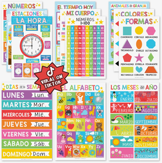 Hadley Designs Spanish Posters for Classroom - 12 Bilingual Educational Posters for Spanish Classroom Decorations Must Haves, Calendario y Alfabeto en Español Para la Pared, Colorful Teacher Supplies