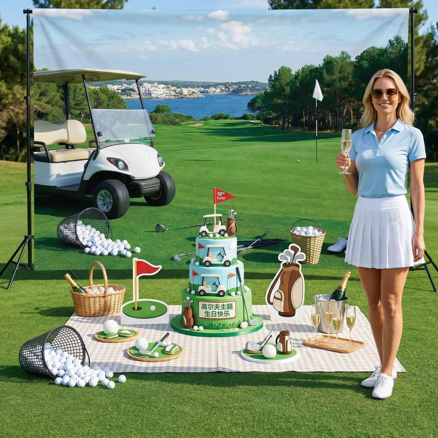 Golf Course Backdrop for Photography - 7x5 ft Golf Sport Holiday Vacation Retirement Backdrop Photo Props Green Grass Blue Sky Lawn Flag Lake Outdoor Sports Backgrounds