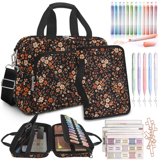 Vintage Floral Large Bible Bags for Women Organizer with Bible Cover Case, Bible Cover with Shoulder Strap & Pens & Highlighters & Cross Clip Study Kit for Bible & Church, Christian Gifts for Mom