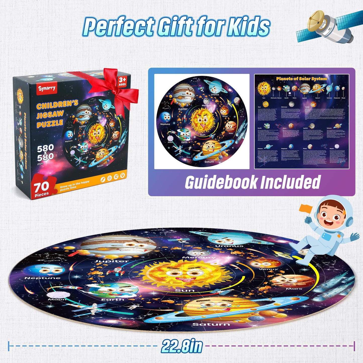 SYNARRY Solar System Floor Puzzles for Kids Ages 4-8, Large 70 Piece Jigsaw Puzzles for Kids Ages 4-6, Space Planet Astronaut Toys Puzzles, Preschool Learning Toys, Easter Basket Stuffers for Boy Girl