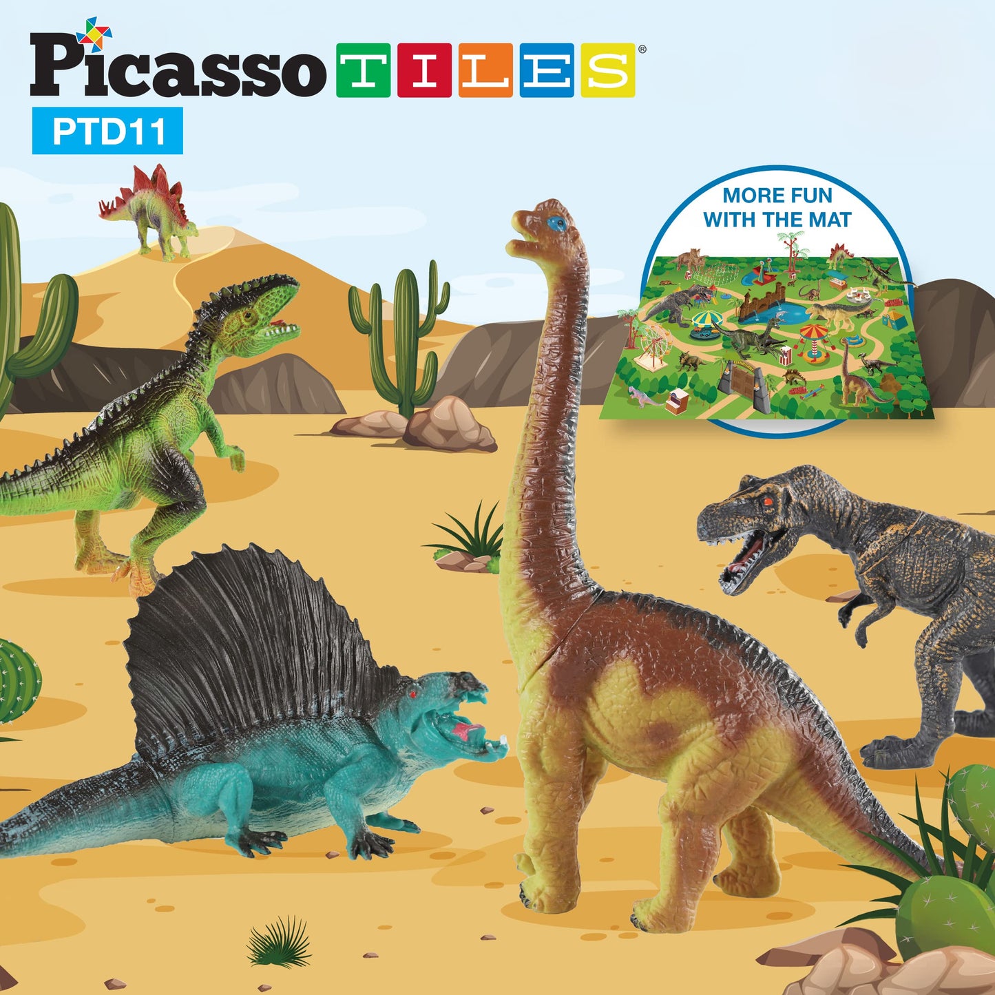 PicassoTiles Dinosaur Play Mat Toys 32pc Dino Playset STEM Activity Learning Kit STEAM Toy with Educational Book, 21 Action Figures T-Rex, Triceratops, Velociraptor, Trees, Rocks for Kids 3+ PTD11