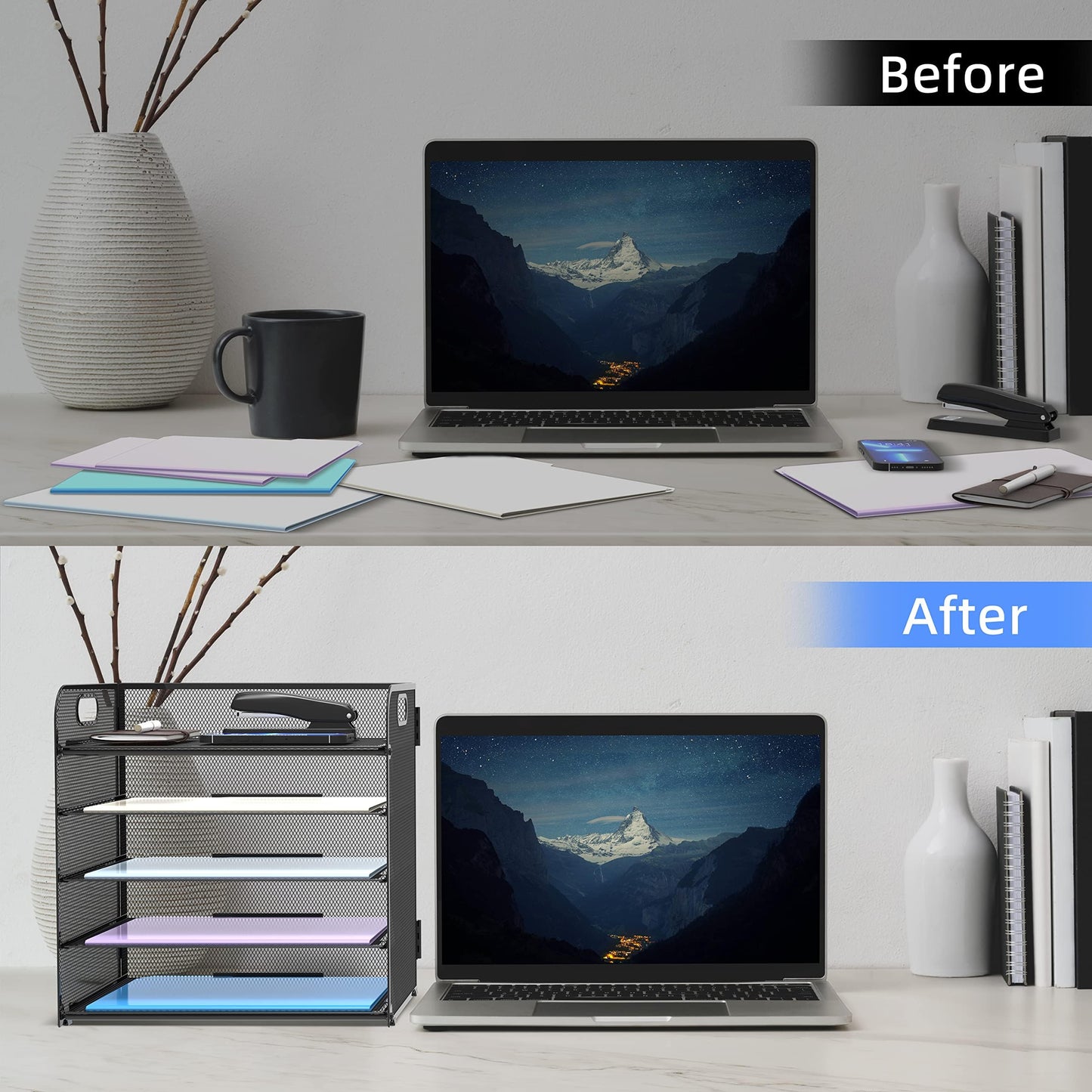 Supeasy 2 Pack 5-Tier Desk Organizer with Handle Mesh Desk File/Paper Organizer Letter Tray for Office, School, Classroom and Home Easy Installation, Black