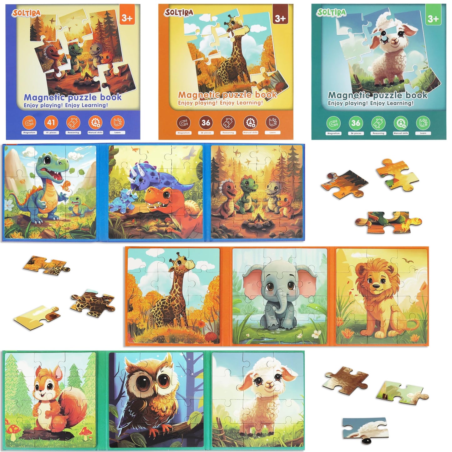 Magnetic Puzzles for Toddlers 3-5 3PK-113PCS-9 Animal Themes Magnetic Puzzles for Kids 4-6 Travel Puzzle for Airplane/Car/Road Trip/Gift Toys for 3 4 5 6 Year Old Girls and Boys