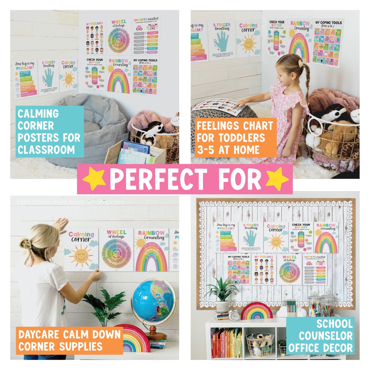 Hadley Designs 9 Calming Corner Posters for Classroom Must Haves - Calm Down Corner Supplies with Emotions Chart, School Counselor Mental Health Poster, Feelings Chart For Kids, Pastel Classroom Decor