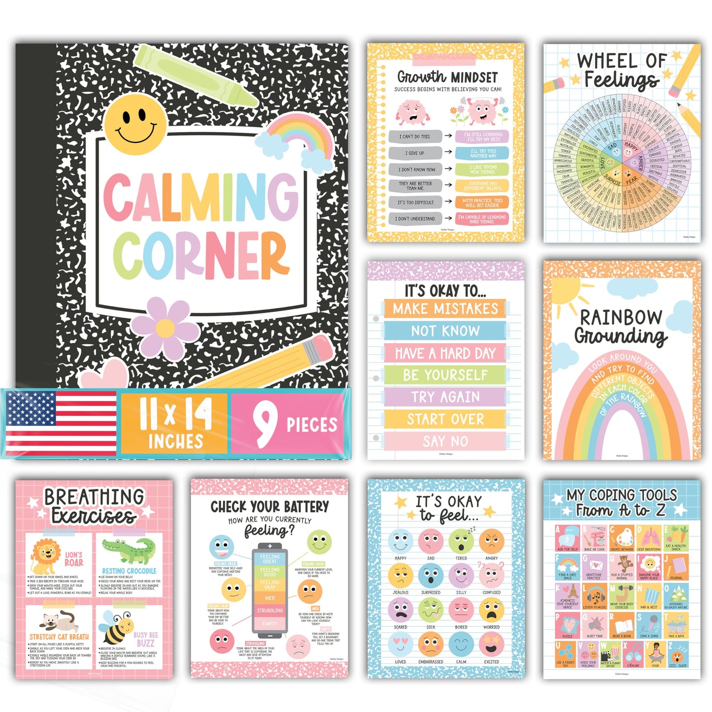 Hadley Designs 9 Calming Corner Posters for Classroom Must Haves - Calm Down Corner Supplies with Emotions Chart, School Counselor Mental Health Poster, Feelings Chart For Kids, Pastel Classroom Decor