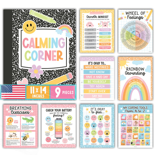 Hadley Designs 9 Calming Corner Posters for Classroom Must Haves - Calm Down Corner Supplies with Emotions Chart, School Counselor Mental Health Poster, Feelings Chart For Kids, Pastel Classroom Decor