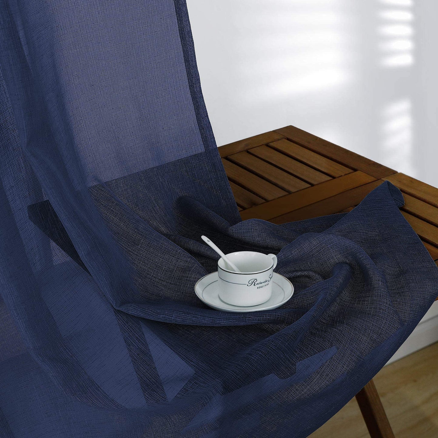 Navy Blue Window Curtains 96 Inches Long 2 Panel Set Rod Pocket Woven Textured Linen Look Voile Sheer Drapes for Living Room Village Apartment Cabin Garden Canopy Family Room Home Decor 52 Inch Width