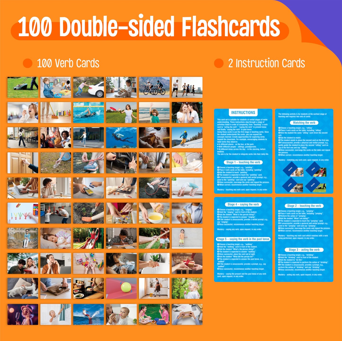 100 Verb Flashcards, Picture & Word Cards Action Language Builder Visual Aid Language Learning Tool for Autism, ESL Teaching Materials for Adults, Non-Verbal Children Vocabulary Builder for Kids