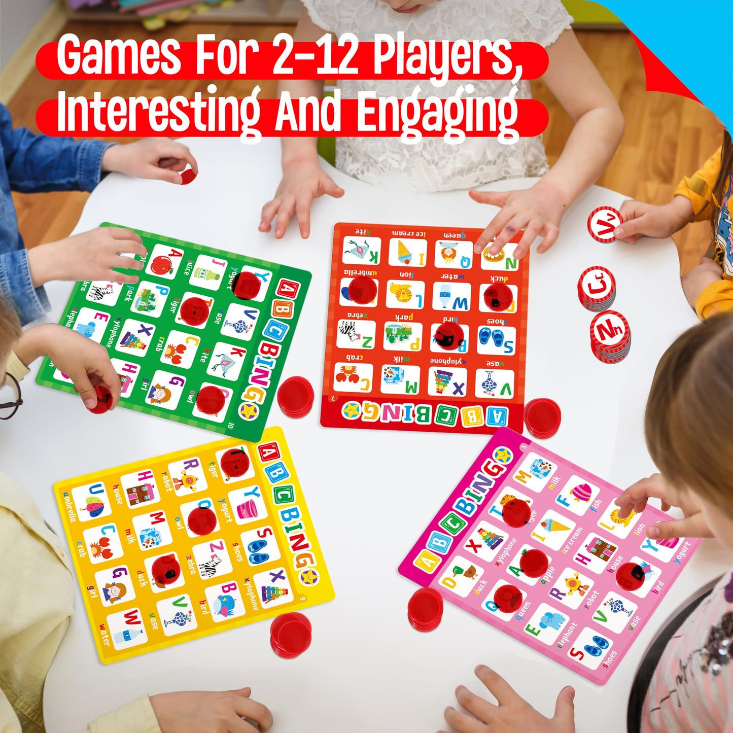 SpriteGru Alphabet & CVC Bingo Game, 12 Bingo Board ABC Letters, CVC Words Phonetic Game, Letters Phonetic Awareness Early Educational Learning Toys - Ages 4 and up, Perfect for Classroom & At Home
