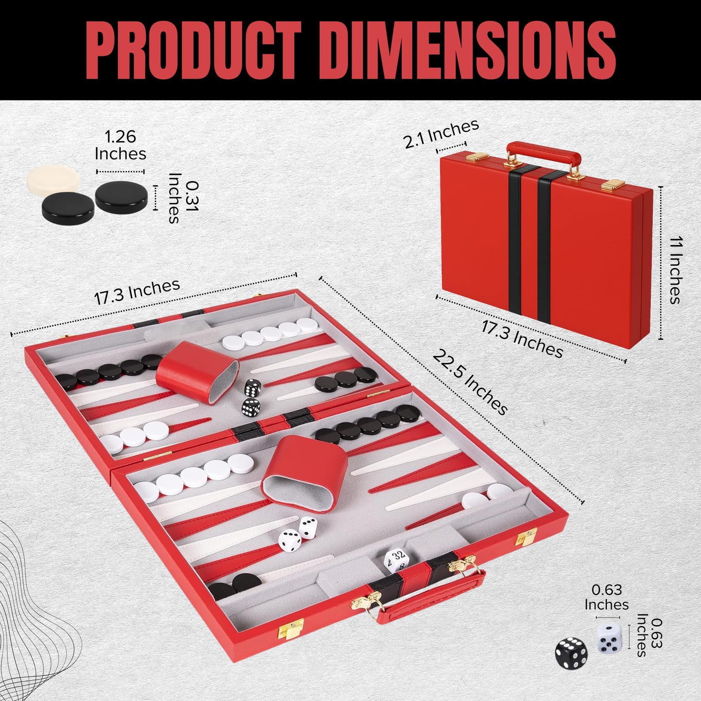 Premium Backgammon 18 Inches Large Red - Backgammon Sets for Adults and Kids - Leatherette Back Gammon Board Game Set - Travel Backgammon Set Board Encased with Accessories