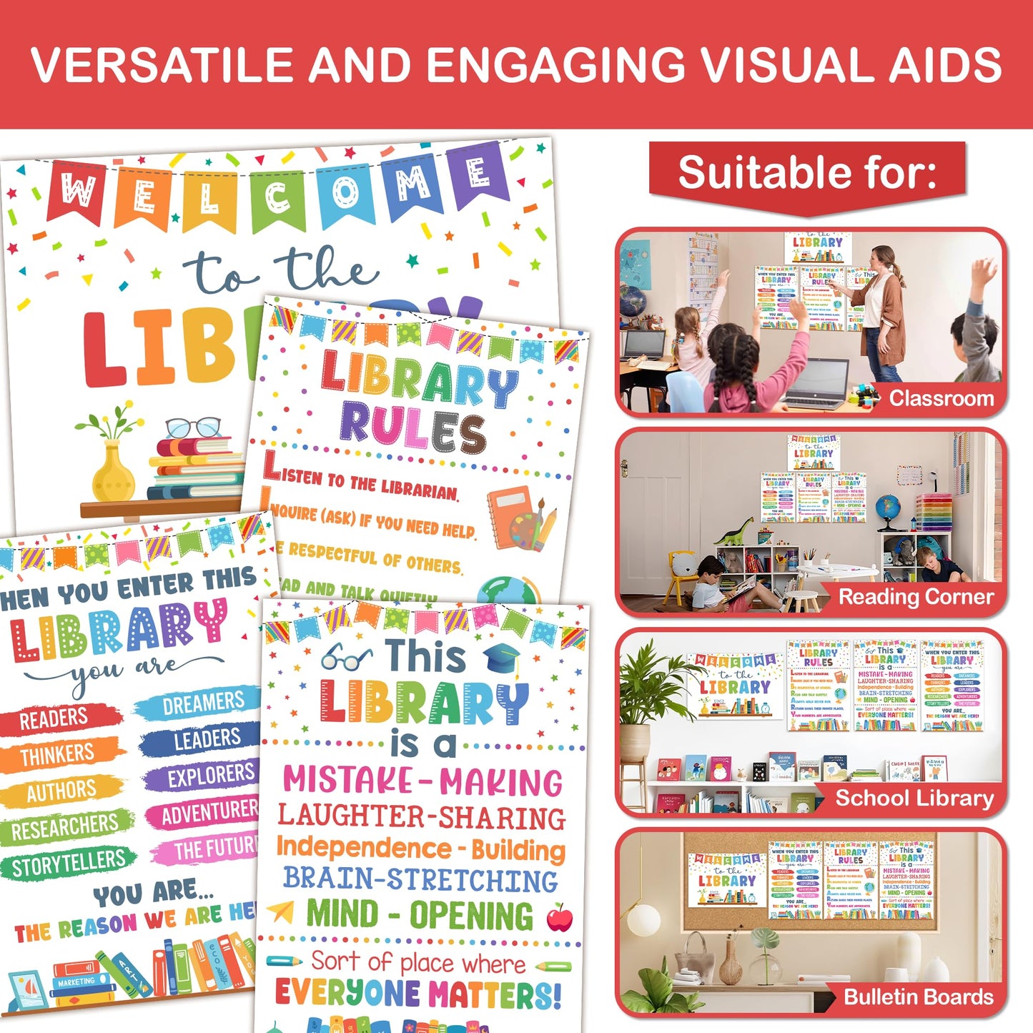 Lalunia 4 Pcs Library Rules Poster (11"x16") - Classroom Library Decorations for Librarian, Media Room, Back to School Educational Posters, Library Bulletin Board Sets, Reading Corner Decor