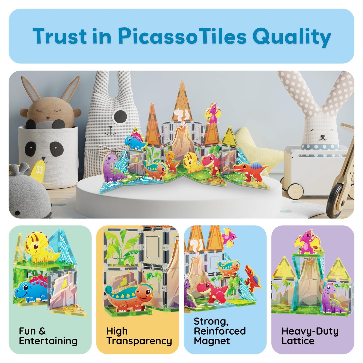 PicassoTiles Magnet Tiles Building Blocks Dinosaur Theme Set with 8 Magnetized Action Figures Magnetic Construction Build and Play Toy with Magnets STEM Learning Activities for Toddlers 3+ PTQ13