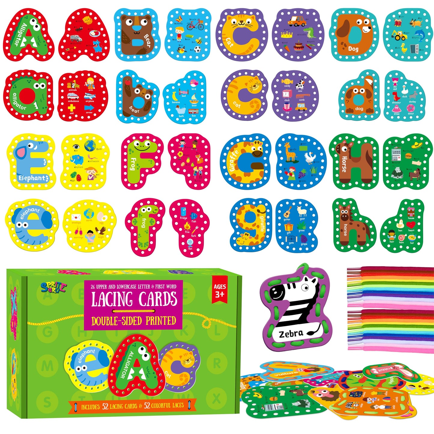 52 PCS Lacing Cards, 26 Double-Sided Uppercase & Lowercase Sewing Cards with 52 Colorful Laces, Imagination Development Lacing Toy Games Educational and Learning Activity for Preschoolers, Children