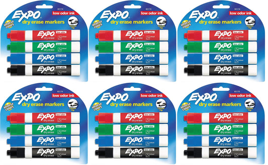Expo 80174 Low Odor Chisel Point Dry Erase Marker Pack, Designed for Whiteboards, Glass and Most Non-Porous Surfaces, 4 Assorted Color Markers, Pack of 6 Blisters