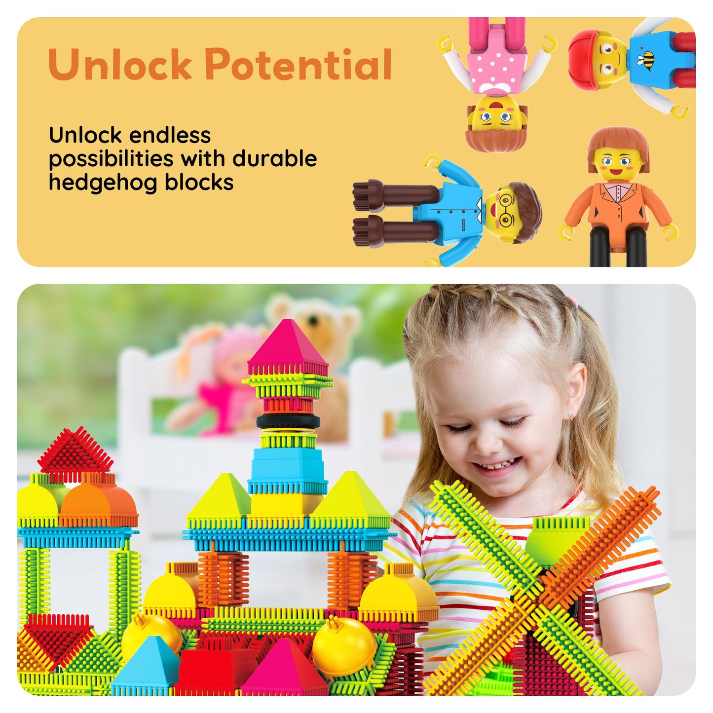 Picasso Toys Hedgehog Blocks 4 Family Action Character Figures Toddler Toy Construction Building Tile Block Expansion Pack Educational Add-on STEM Learning Smart Game Kit Toys Pretend Playset Age 3+